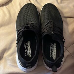 Skechers black ribbon lace slip ons, size  8 1/2